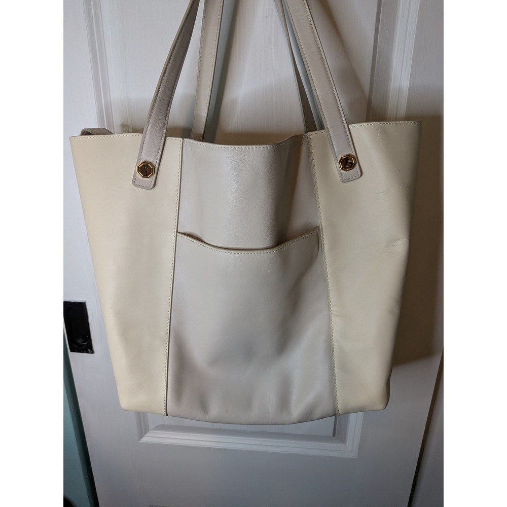 Louise et Cie Cream Beige Leather Tote Bag with Removable Pouch Gold Hardware